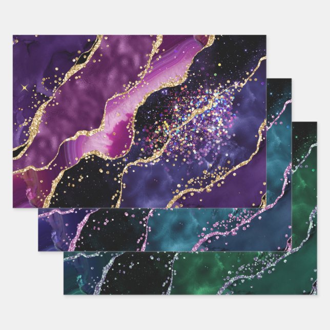 Luxe Gold-Accented Gemstone Glitter Agate Wrapping Paper Sheets (Set)