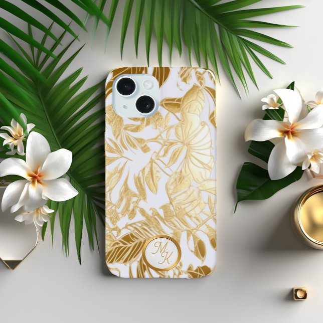 Luxe Gold and Ivory Monstera Leaf  iPhone 15 Case (Elegant Gilded Gold-Look Monstera Leaf iPhone 15 Case)