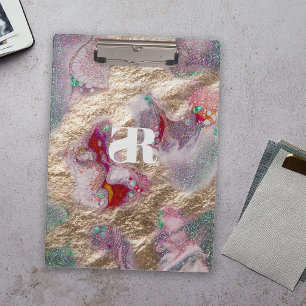 Luxe Gold and Pink Liquid Marble Abstract Monogram Clipboard