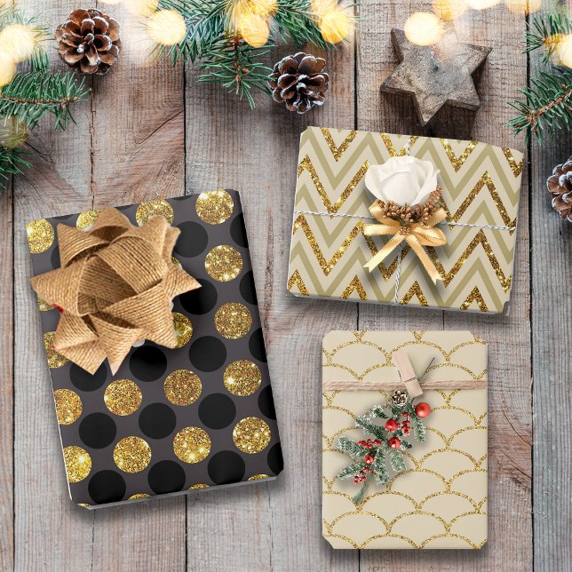 Luxe Gold Black Polka Fan Patterns Glitter Wrapping Paper Sheets (Creator Uploaded)
