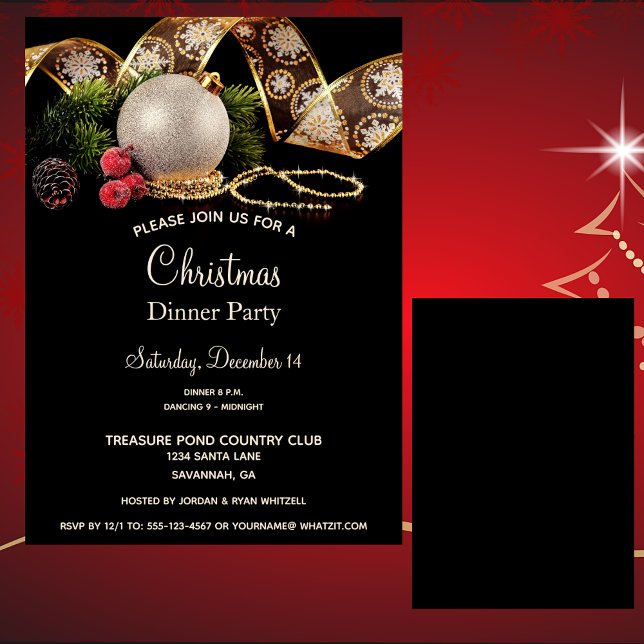 Luxe Gold Black Silver Xmas Ornaments Dinner Party Invitation (Creator Uploaded)