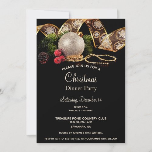 Luxe Gold Black Silver Xmas Ornaments Dinner Party Invitation