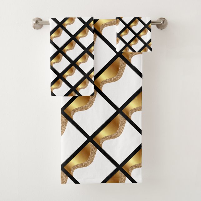 LUXE GOLD BLACK WAVE GRID BATH TOWEL SET (Insitu)