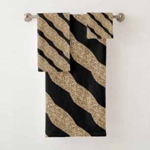 LUXE GOLD BLACK WAVE GRID BATH TOWEL SET