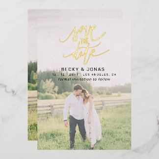 Luxe Gold Calligraphy 2 photos Save The Date Foil Invitation