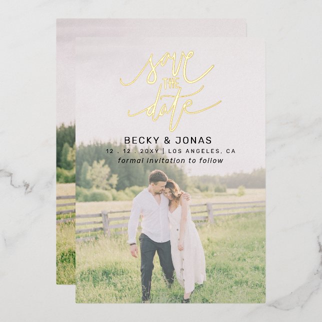  Luxe Gold Calligraphy 2 photos Save The Date  Foil Invitation (Front/Back)