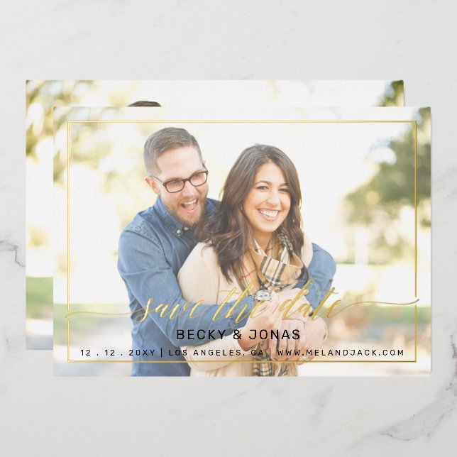  Luxe Gold Calligraphy 2 photos Save The Date Foil Invitation (Front/Back)
