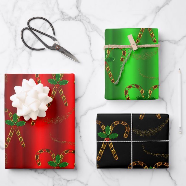 Luxe Gold Candy Canes and Holly Christmas Wrapping Paper Sheets (Front)