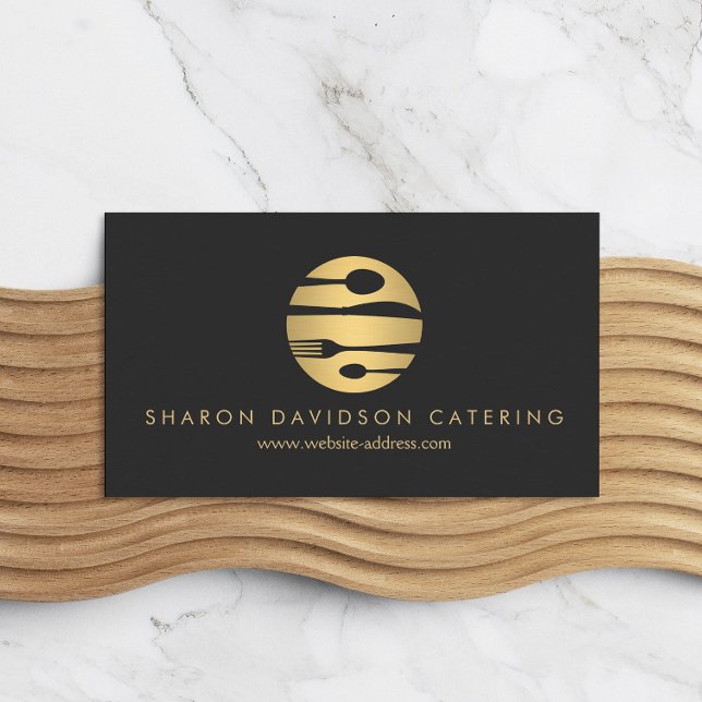 Luxe Gold Catering Logo Restaurant, Chef Dark Gray Business Card (Creator Uploaded)