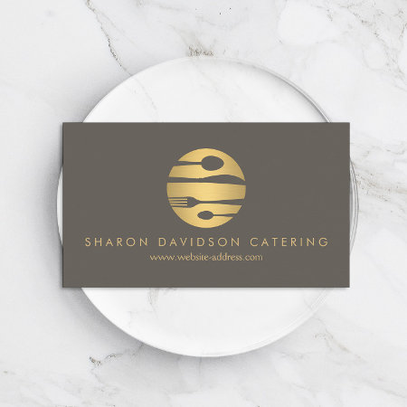 Luxe Gold Catering Logo Restaurant, Chef Taupe Business Card