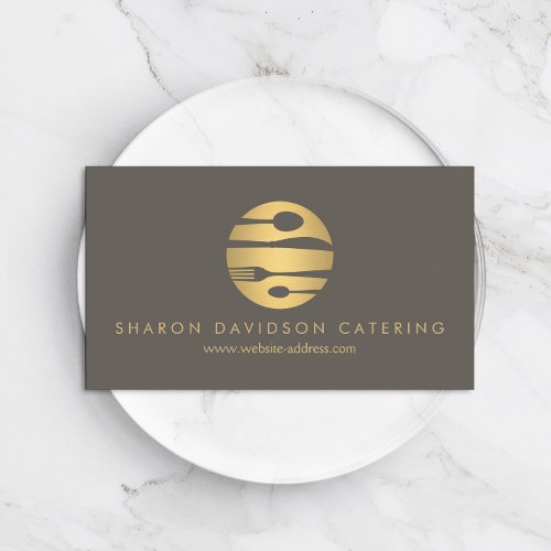 Luxe Gold Catering Logo Restaurant Chef Taupe Business Card
