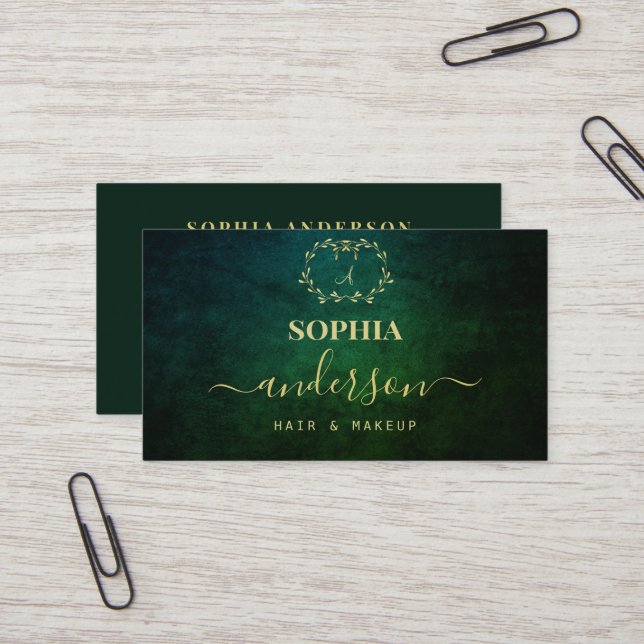 Luxe Gold Dark Texture & Logo Signature Script Bus Business Card (Front/Back In Situ)