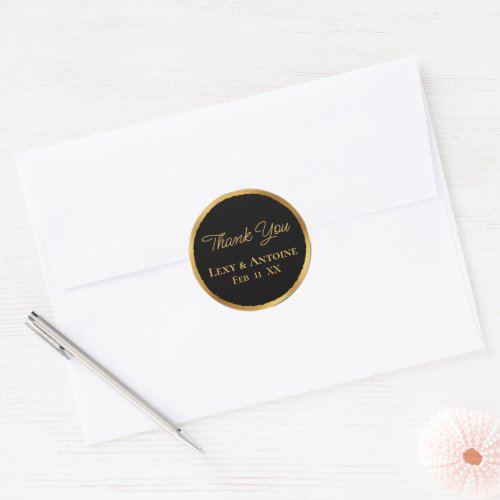 Luxe Gold Edge Black Thank You Names Wedding Date Classic Round Sticker