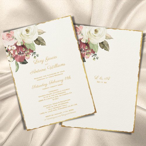 Luxe Gold Edge Mauve Pink White Watercolor Florals Invitation