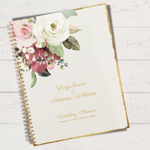 Luxe Gold Edge Mauve Pink White Watercolor Florals Planner