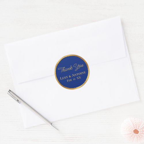 Luxe Gold Edge Royal Blue Thank You Names Date Classic Round Sticker