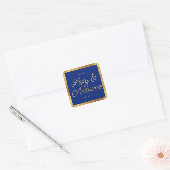 Luxe Gold Edge Royal Blue Wedding Thank You Square Sticker (Envelope)
