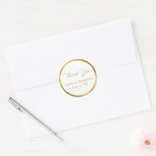 Luxe Gold Edge White Thank You Names Wedding Date Classic Round Sticker