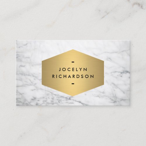 Luxe Gold Emblem on White Marble Business Card Template