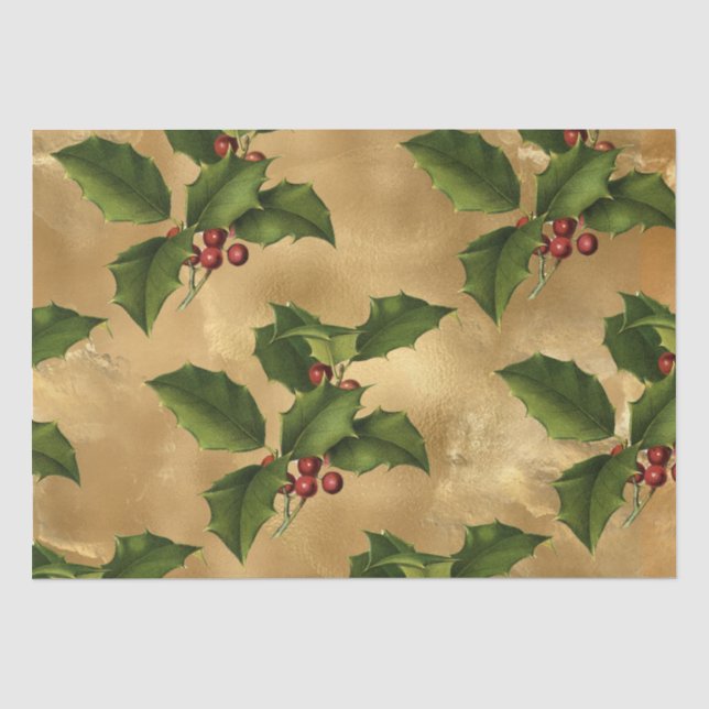 Luxe Gold Faux Foil, Green Holly, Red Berries Tissue Paper (Front)