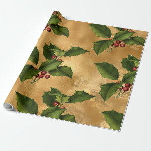 Luxe Gold Faux Foil, Green Holly, Red Berries Wrapping Paper