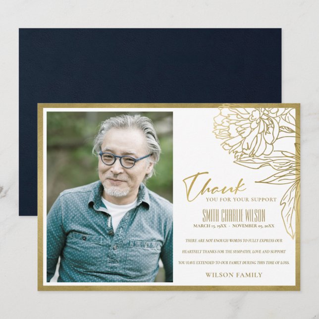 LUXE GOLD FOIL FLORAL SYMPATHY MEMORIAL PHOTO  THANK YOU CARD (Front/Back)