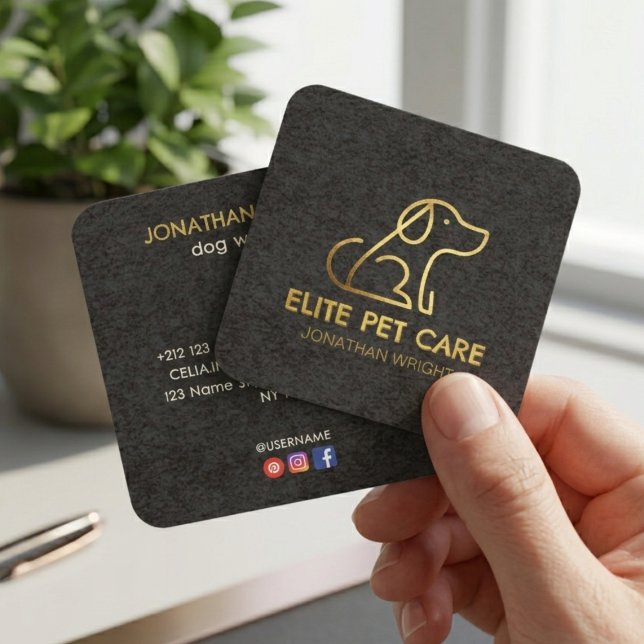 Luxe Gold Foil Vertical Dog Walker & Pet Sitter  Square Business Card (Luxe Gold Foil Vertical Dog Walker & Pet Sitter Business Card)
