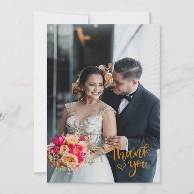 Luxe Gold Foil Wedding Thank You Card with Photo (Front)