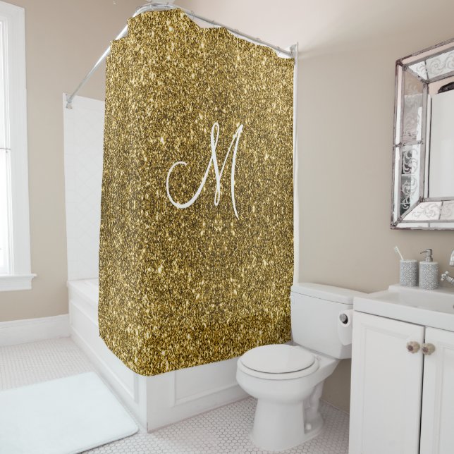 Luxe Gold Glitter Stylish Monogrammed Personalized Shower Curtain (In Situ)