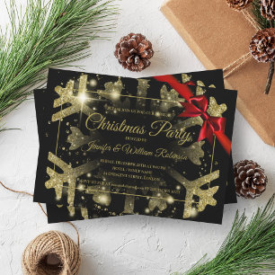 Luxe Gold Glitter Xmas Holiday Red Ribbon Black Invitation