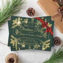 Luxe Gold Glitter Xmas Holiday Red Ribbon Green Invitation