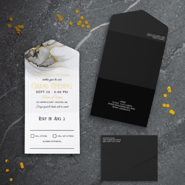 Luxe Gold Gray White Marble Business Grand Opening All In One Invitation (Creator Uploaded)