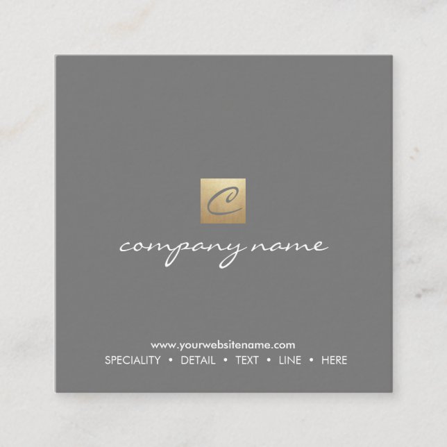 Luxe Gold Logo Calligraphy Style Minimalist Grey Square Business Card (Front)