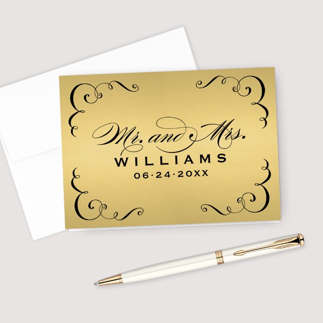 Luxe Gold Mr and Mrs Scrollwork Monogram Wedding Thank You Card (Creator Uploaded)