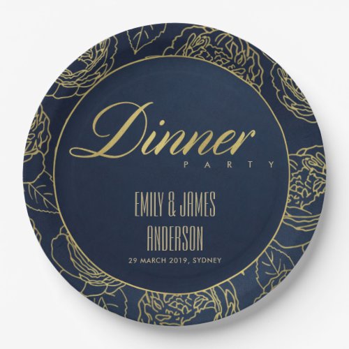 LUXE GOLD NAVY ELEGANT ROSE FLORAL DINNER PARTY PAPER PLATES