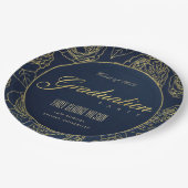 LUXE GOLD NAVY ELEGANT ROSE FLORAL GRADUATION PAPER PLATES (Angled)