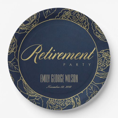 LUXE GOLD NAVY ELEGANT ROSE FLORAL RETIREMENT PAPER PLATES