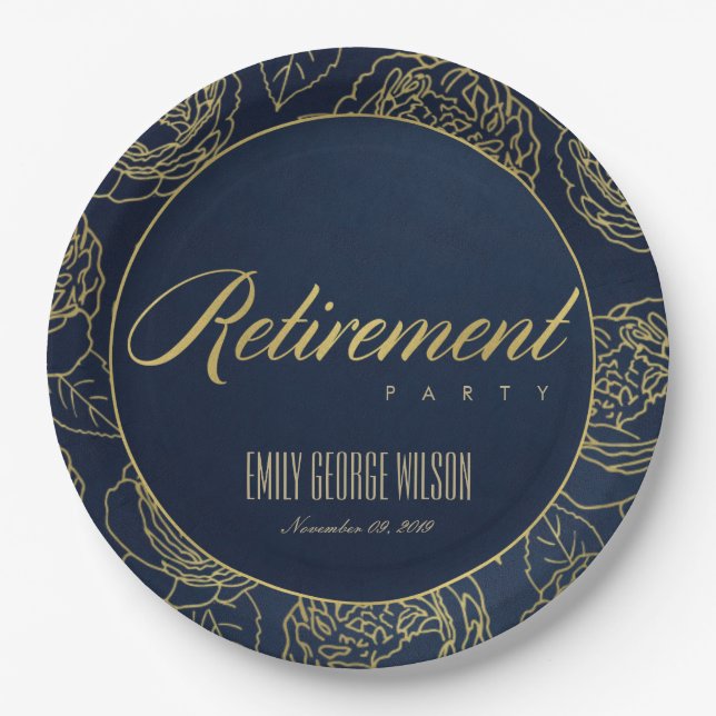 LUXE GOLD NAVY ELEGANT ROSE FLORAL RETIREMENT PAPER PLATES (Front)
