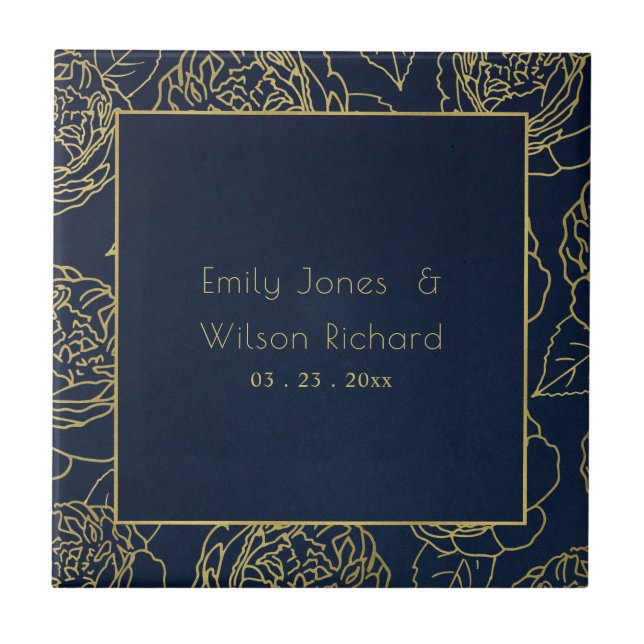 LUXE GOLD NAVY ELEGANT ROSE FLORAL SAVE THE DATE CERAMIC TILE (Front)