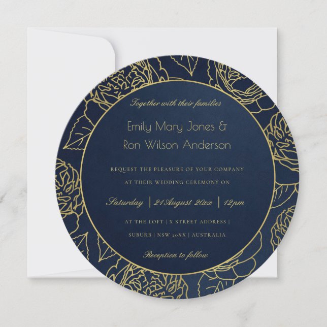 LUXE GOLD NAVY KRAFT ELEGANT ROSE FLORAL WEDDING INVITATION (Front)