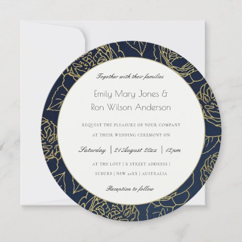 LUXE GOLD NAVY KRAFT ELEGANT ROSE FLORAL WEDDING INVITATION