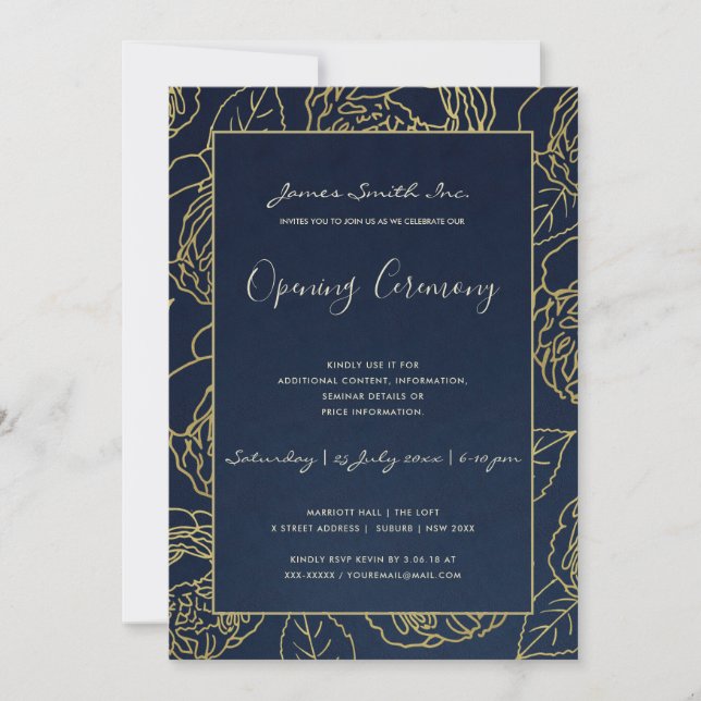 LUXE GOLD NAVY ROSE FLORAL GRAND OPENING CEREMONY INVITATION (Front)