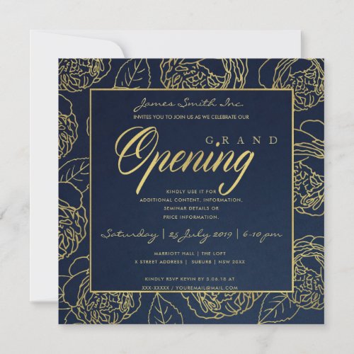 LUXE GOLD NAVY ROSE FLORAL GRAND OPENING CEREMONY INVITATION