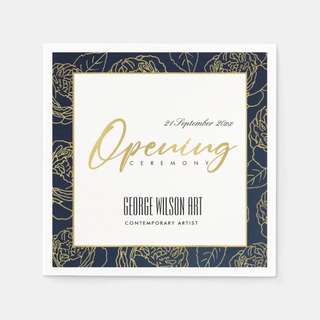 LUXE GOLD NAVY ROSE FLORAL GRAND OPENING CEREMONY NAPKINS (Front)