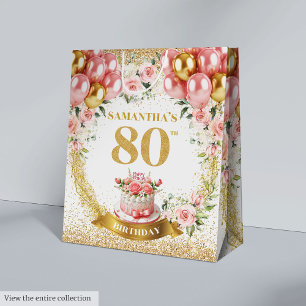 Luxe Gold Number 80th Birthday Boho Blush Flowers Medium Gift Bag