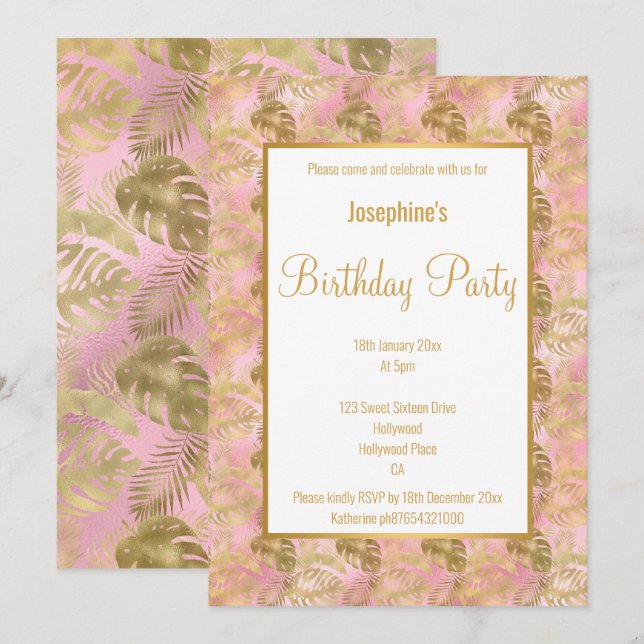 LUXE GOLD PINK PALM LEAF  BIRTHDAY INVITATION (Front/Back)