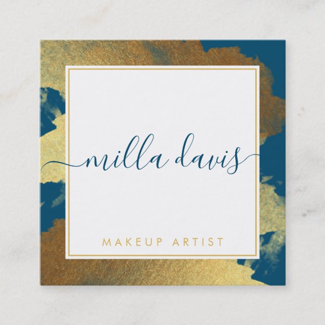 LUXE GOLD pretty modern glam gilded dark blue Square Business Card (Front)