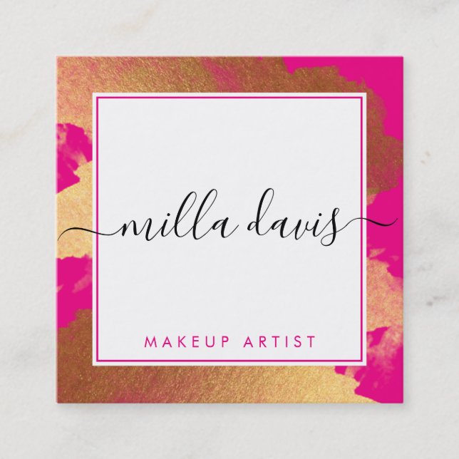 LUXE GOLD pretty modern glamor gilded bright pink Square Business Card (Front)