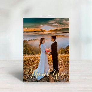 Luxe Gold Script Photo Overlay Wedding Thank You Card