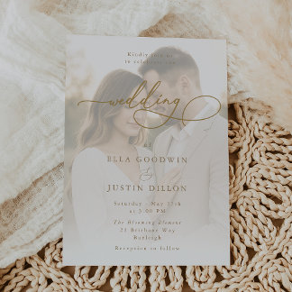 Luxe Gold Script & Portrait Wedding Invitation